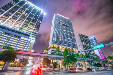 Downtown Miami buildings and skyscrapers at night from Biscayne Boulevard, Florida