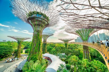Singapur - 13 Eylül 2023: Körfez kenarındaki bahçeler ve Marina Körfezi 'nde gün batımında Skywalk.