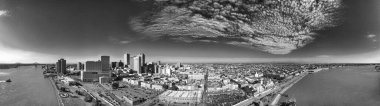 Panoramic aerial view of New Orleans skyline at sunset, Louisiana.