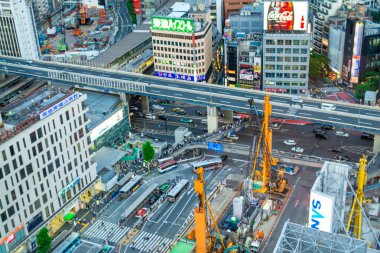 Tokyo, Japonya - 1 Haziran 2016: Günbatımında Shibuya 'nın modern binalarının havadan görünüşü.