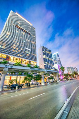 Downtown Miami buildings at sunset from Biscayne Boulevard and Bayfront Park, Florida