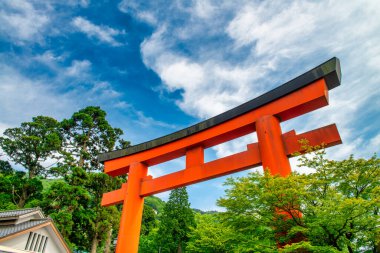 Hakone-machi 'deki Hakone Tapınağı' nın Ashi Gölü 'ne açılan kırmızı torii kapısı..