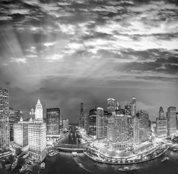 stock image Black and white aerial view of Chicago skyline along Chicago River on a summer night, Illinois