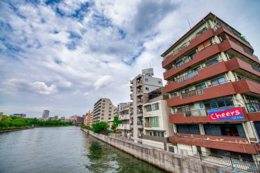 Osaka, Japonya - 26 Mayıs 2016: Osaka, Japonya 'da nehir boyundaki binalar.