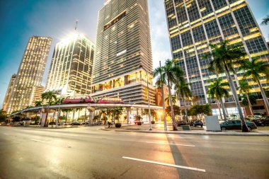 Downtown Miami buildings at sunset from Biscayne Boulevard and Bayfront Park, Florida