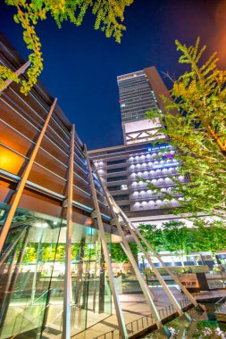 Osaka, Japonya - 28 Mayıs 2016: Geceleri modern şehir binaları.