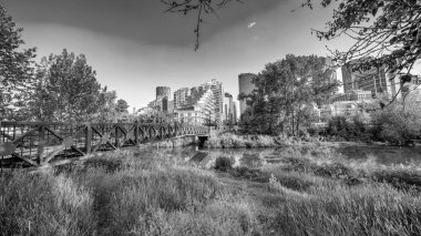 Calgary, Alberta - 10 Temmuz 2024 İnsanlarla gün batımında Nehir Yürüyüşü.