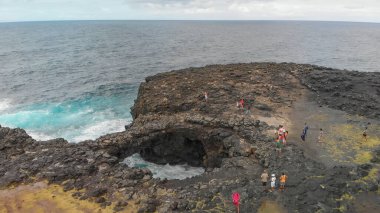 Pont Naturel, Mauritius Island. Beautiful arch rock formation from a drone viewpoint.