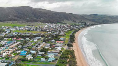 Apollo Bay from drone, coastline of the Great Ocean Road, Australia.