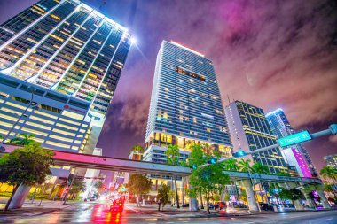 Miami, FL - February 23, 2016: City lights and Downtown Miami Skyscrapers.