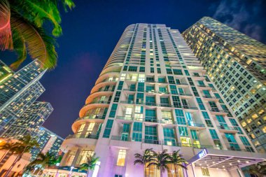 Miami, FL - February 23, 2016: City lights and Downtown Miami Skyscrapers.