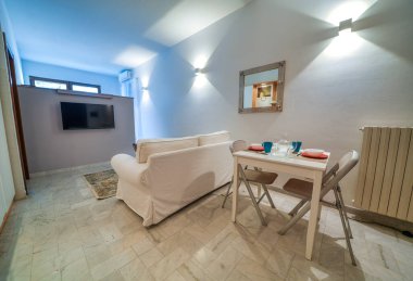 Tek odalı bir pansiyon, beyaz iç tasarım, açık alan: yemek masalı mutfak, kanepeli oturma odası..