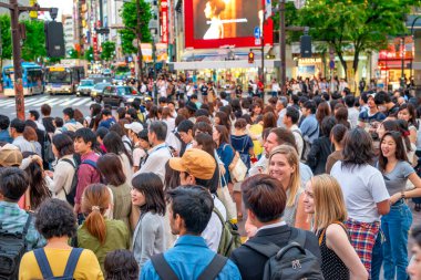 Tokyo, Japonya - 1 Haziran 2016: Shibuya insanlarla gün batımında geçiş.