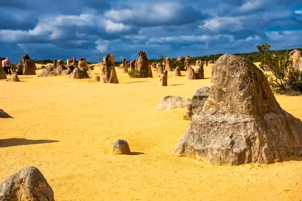 Güneş batarken Batı Avustralya 'daki Nambung Ulusal Parkı' ndaki Pinnacles Çölü 'nün ay manzarası..