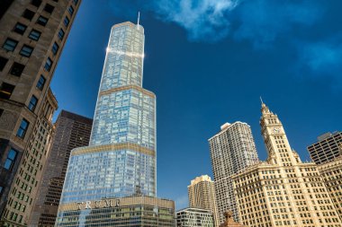 Chicago, IL - 27 Temmuz 2024: Chicago şehir merkezinin modern gökdelenleri güzel bir yaz sabahı.