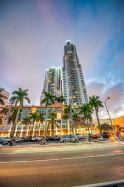 Miami, FL - February 23, 2016: City lights and Downtown Miami Skyscrapers.
