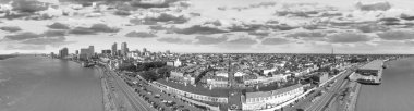 Panoramic aerial view of New Orleans skyline at sunset, Louisiana.