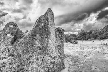 Güneş batarken Batı Avustralya 'daki Nambung Ulusal Parkı' ndaki Pinnacles Çölü 'nün ay manzarası..