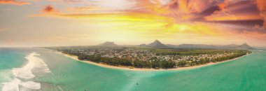 Beautiful Mauritius Island with gorgeous beach Flic en Flac, aerial view from drone.