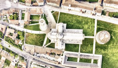 Overhead aerial view of Square of Miracles, Pisa. Piazza del Duomo from drone, Italy.