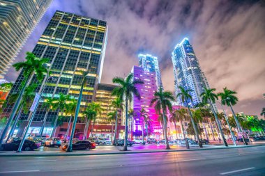 Downtown Miami buildings and skyscrapers at night from Biscayne Boulevard, Florida