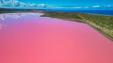Hutt Gölü 'nün canlı pembe renkleri Batı Avustralya' nın doğal harikalarından biri olan yukarıdan çekildi..
