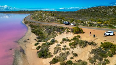 Vibrant pink hues of Hutt Lagoon captured from above, a natural wonder in Western Australia. clipart