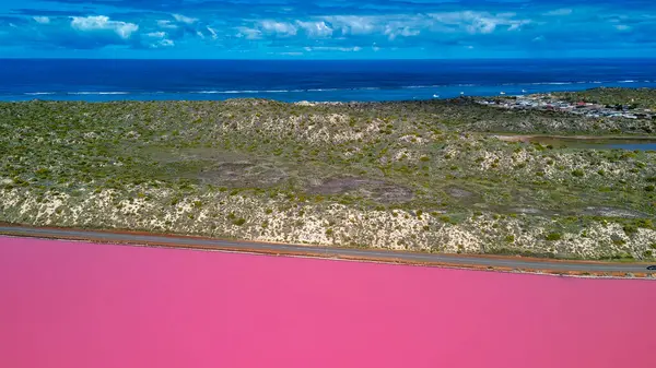 Hutt Gölü 'nün canlı pembe renkleri Batı Avustralya' nın doğal harikalarından biri olan yukarıdan çekildi..