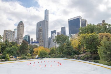 Central Park 'ın Muhteşem Sonbahar Yaprakları ve Buz Pisti, Sonbahar Renklerinin Manzarası.