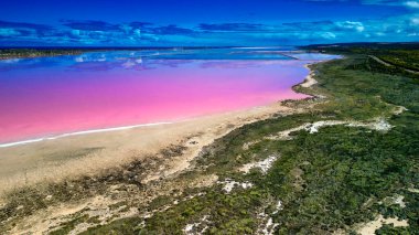 Hutt Gölü 'nün canlı pembe renkleri Batı Avustralya' nın doğal harikalarından biri olan yukarıdan çekildi..