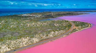Hutt Gölü 'nün canlı pembe renkleri Batı Avustralya' nın doğal harikalarından biri olan yukarıdan çekildi..