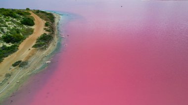 Hutt Gölü 'nün havadan görünüşü, Batı Avustralya, Port Gregory' deki büyüleyici pembe göl..