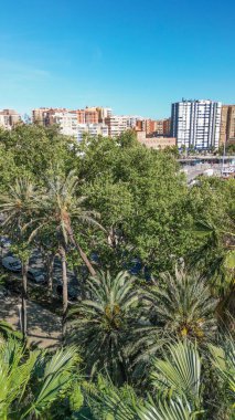 İspanya, Malaga 'nın liman ve şehir siluetiyle nefes kesici hava manzarası.