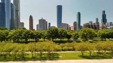Chicago 'nun panoramik insansız hava aracı görüntüleri Michigan Gölü kıyısı boyunca.