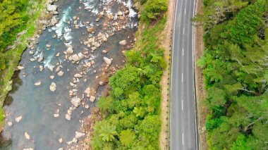 Karangahake Boğazı 'nın canlı yeşil yaprakları ve nehir manzarası kuş bakışı.. 