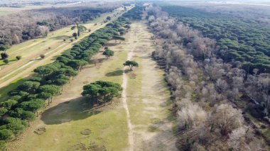 San Rossore 'ın panoramik hava manzarası, Pisa, uçsuz bucaksız doğa ve kıyı güzelliğiyle.