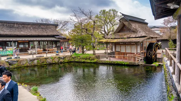 Oshino Hakkai, Japonya - 26 Nisan 2025: Geleneksel Japon evleri ve kristal berrak bahar havuzlarıyla Oshino Hakkai 'nin huzurlu manzarası.