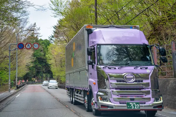 Kawaguchiko, Japonya - 25 Nisan 2025: Kawaguchiko 'da bir dağ yolunda giden büyük bir kamyon.