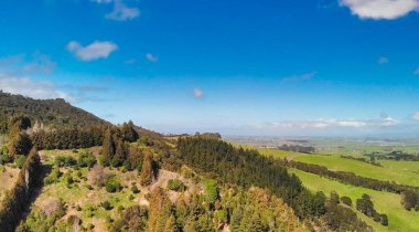 Yeni Zelanda 'da doğal güzelliklerle çevrili sık ormanların kuş bakışı perspektifi. 