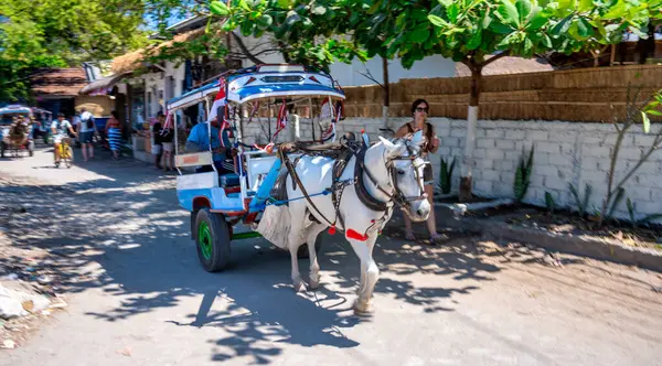 Gili Trawangan, Endonezya - 26 Ağustos 2023: Gili Trawangan 'ın güzel sokaklarında güneşli bir at arabası gezisi.