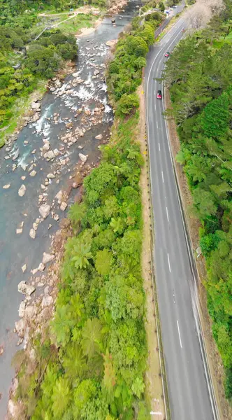 Karangahake Boğazı 'nın canlı yeşil yaprakları ve nehir manzarası kuş bakışı.. 