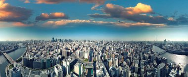 Tokyo üzerinde nefes kesici insansız hava aracı görüntüleri yoğun siluet, sokaklar ve Taito şehrinden ikonik binalar gösteriyor..