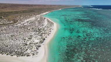 Batı Avustralya, Exmouth 'taki Turkuaz Körfezi' nin temiz mavi sularıyla hava manzarası..