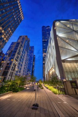 Manhattan 'da gökdelenleri ve gece manzarası olan yüksek şehir parkı geniş görüş alanına sahip..