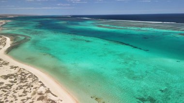 Osprey Körfezi WA 'nın panoramik hava manzarası. Parlak güneş ışığı altında tekne, resif ve manzaralı kıyı şeridi..