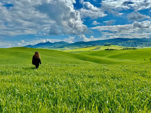 女性は明確な青い空の下に緑豊かな畑を歩き 静けさと自然とのつながりを示しています ローリングの丘は絵のような風景を強化し 彼女のカジュアルな服装はゆったりとした散歩を反映しています グリーンとブルーCの主な色合い ストック写真