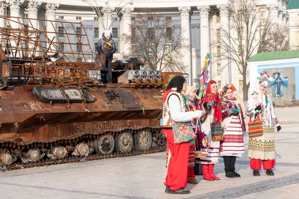Kyiv Ukraine January 2023 Peoples Sing Christmas Songs Captured Russian — Stock Photo, Image