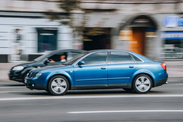 stock image Ukraine, Kyiv - 2 August 2021: Blue Audi S4 car moving on the street. Editorial