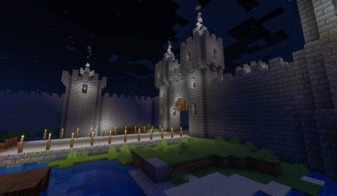 Minecraft Maçı Kasım 03 2023. Minecraft Oyun 3D illüstrasyonunda basitçe Ortaçağ Kalesi Kapıları örneği. Yazı