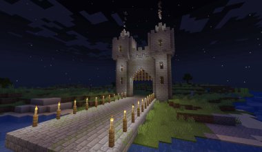 Minecraft Maçı Kasım 03 2023. Minecraft Oyun 3D illüstrasyonunda basitçe Ortaçağ Kalesi Kapıları örneği. Yazı